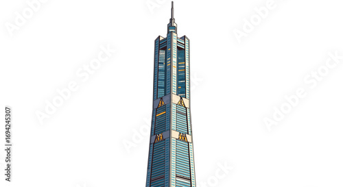 Striking vector illustration of a towering skyscraper against a pristine white backdrop, showcasing modern architectural design
