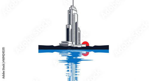 Stylized skyscraper illustration reflecting in water against a sunset backdrop creating a striking skyline image