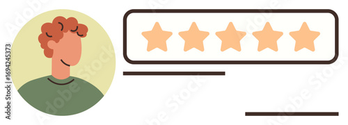 Profile avatar next to five-star rating and text placeholder. Ideal for feedback, evaluation, rating system, customer satisfaction, personal profile, online reputation, and user experience. Simple