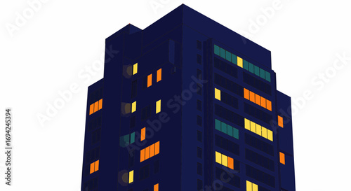 Vector illustration of a tall building at night with illuminated windows creating a warm glow against the dark facade
