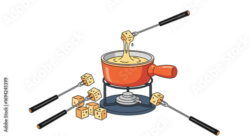 Whimsical cheese fondue illustration with happy cheese cubes and dipping forks around a pot