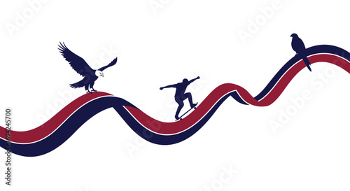 Silhouette of a skateboarder riding on a ribbon with an eagle on each side isolated on white background