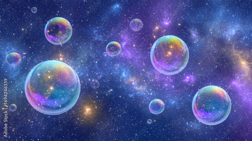 Fototapeta premium Colorful bubbles floating in the starry sky