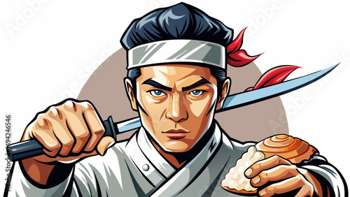 : Close-up portrait of male sushi chef holding sharp sushi knife. Isolated white background highlights discipline, precision, and elegance of Japanese culinary art.