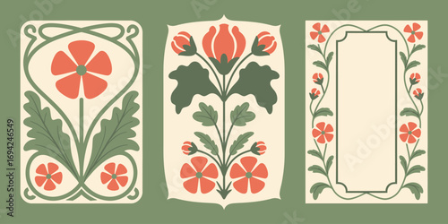 Art Nouveau Vector Poster Set with Retro Floral Prints, Whimsical Frames, and Abstract Botanical Elements. Elegant Vintage Composition Designs for Home Decor, Stationery, or Wall Art.