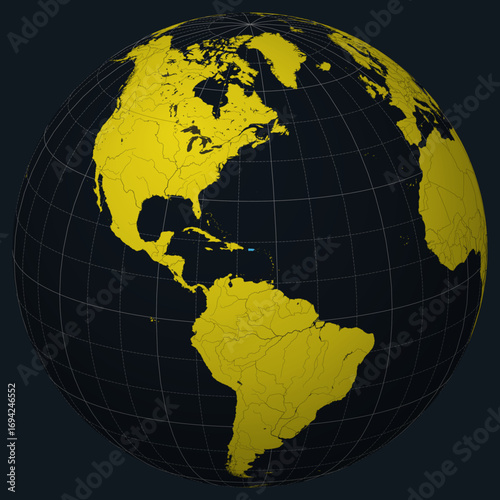 Puerto Rico on Globe. Country view on the world map in Charcoal Bright Yellow color palette. Puerto Rico shape on map. Globe with meridians, parallels, countries, rivers and lakes.