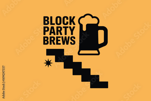 Block party brews graphic with beer mug and stairs in black on a yellow background design graphic art