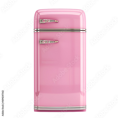 Retro pink refrigerator isolated on white background