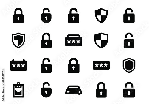 Collection of security and privacy icons including locks, shields, and password fields