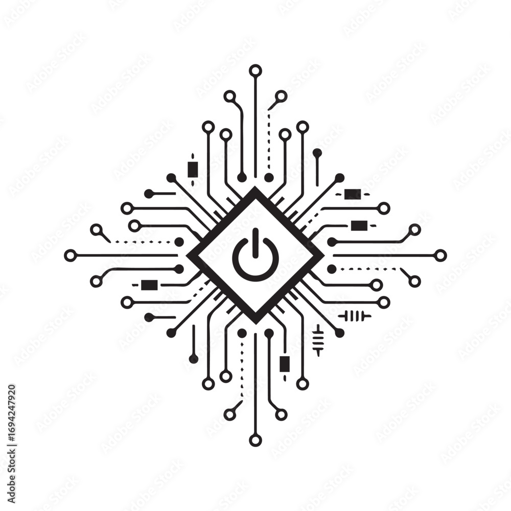 Obraz premium Futuristic power button symbol on a CPU. Abstract technology vector with circuit board lines. Black techno graphic for tattoo or logo design, isolated on white. 