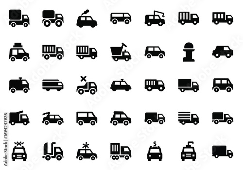 Collection of various vehicle icons, representing different types of transportation and services