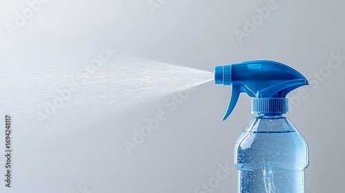 Blue spray bottle dispensing mist on light background for cleaning or freshening
