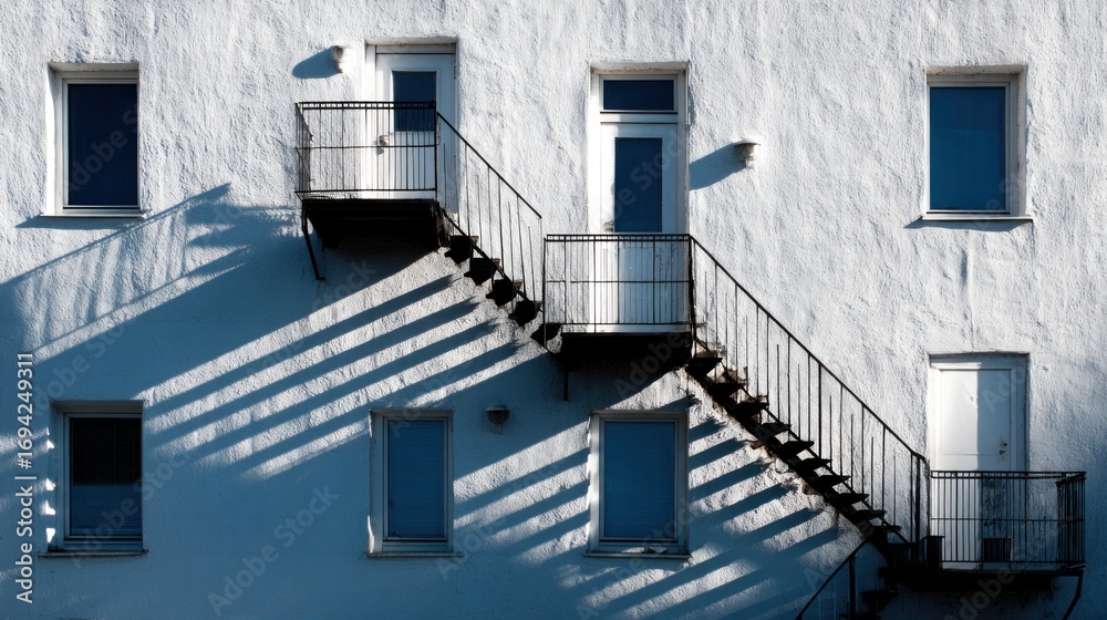 Fototapeta premium Building exterior with fire escape and shadows