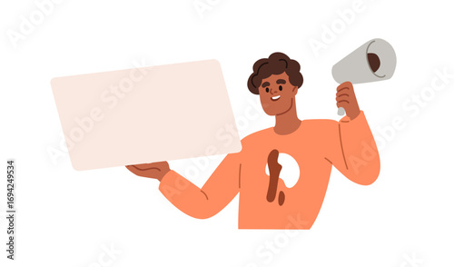 Happy man with loudspeaker and placard. Young male holding blank board, banner and megaphone during protest and marketing campaign. Voice concept. Flat vector illustration isolated on white background