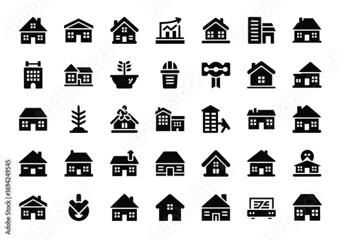 Collection of various house and building icons, representing real estate, architecture, and construction concepts