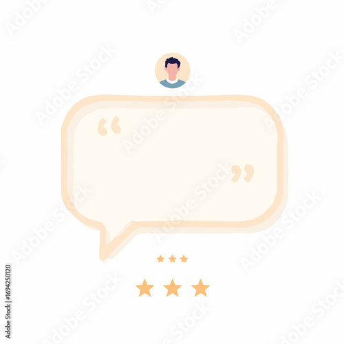 Testimonial placeholder: rounded quote bubble, three short italic lines, small avatar and star row on white background