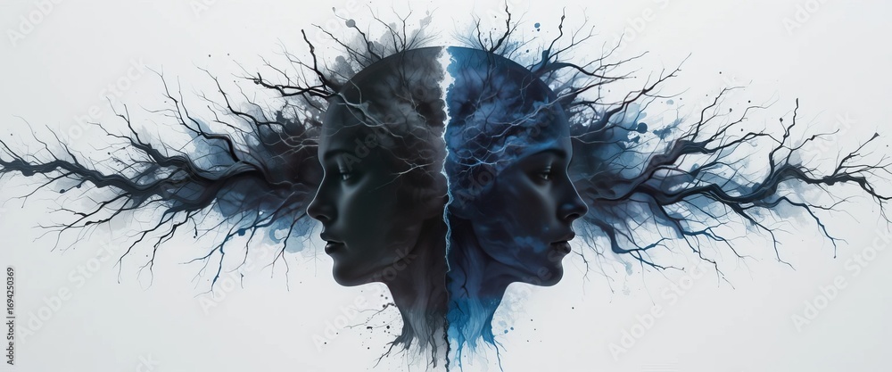 Fototapeta premium Metaphor bipolar disorder mind mentalillustration. Double face. Split personality. Concept mood disorder. 2 Head silhouette.Psychology. Mental health. Dual personality concept. Tangle and untangle
