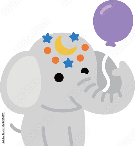 Cute cartoon elephant with colorful decorations holding a purple balloon.