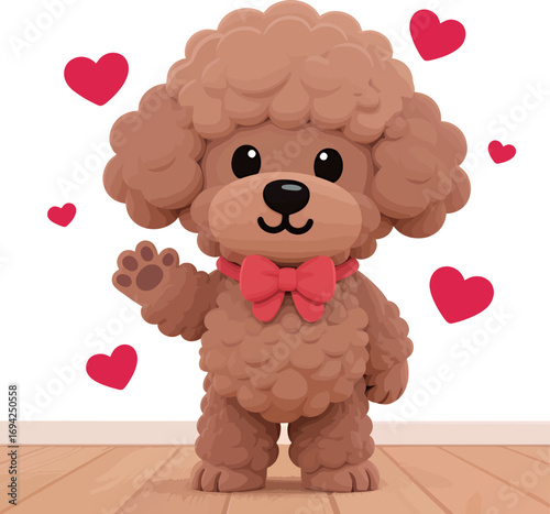 Adorable cartoon brown poodle with a bow tie, surrounded by heart shapes.