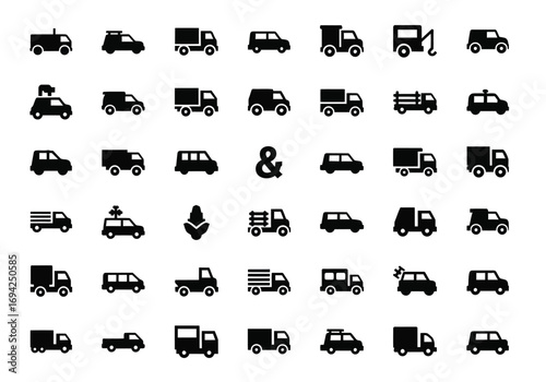 Collection of various vehicle icons including trucks, vans, and cars, isolated on a