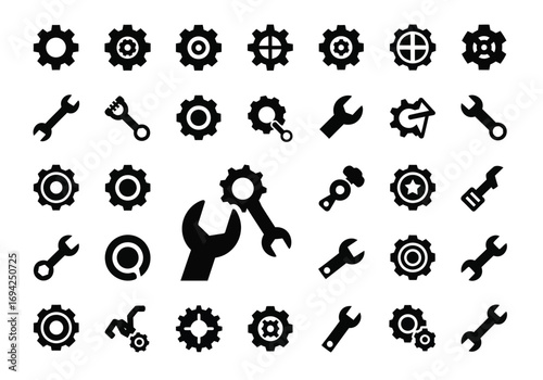 Collection of black icons representing gears and wrenches, isolated on a, symbolizing mechanics and engineering