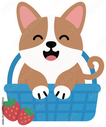 Cute corgi puppy happily sitting in a basket with fresh strawberries.