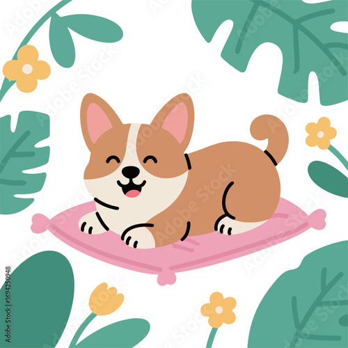 Happy corgi resting on a colorful pillow amidst playful foliage.