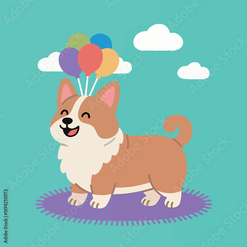 Cheerful cartoon corgi with colorful balloons on a light blue background.