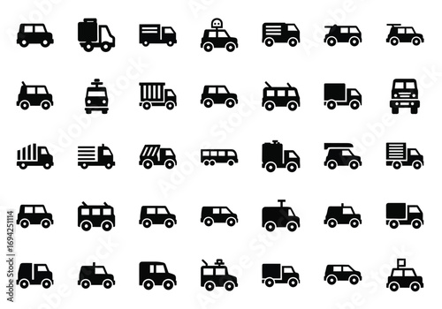 Collection of various vehicle icons, including cars, trucks, vans, and buses, isolated on a