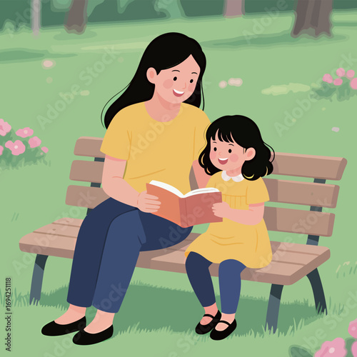 A joyful woman and a girl read together on a park bench, surrounded by greenery.