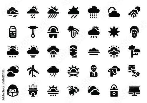Collection of weather icons and symbols, including sun, clouds, rain, snow, wind, and lightning
