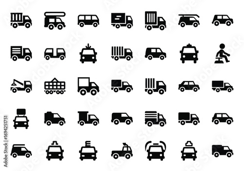 Collection of various truck and car icons, including delivery trucks, vans, suvs, and passenger cars, isolated on a