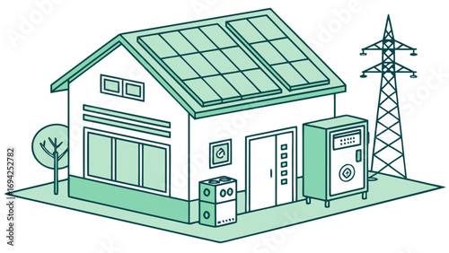 On-grid solar cell system layout with house concept, inverter, panels, and components isometric vector.