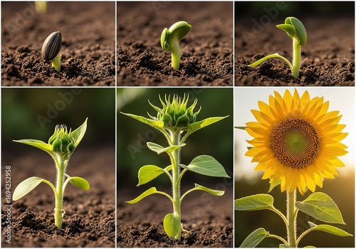 Illustration of time lapse of a sunflower growing from a seed to a blooming flower, showing the stages of plant development