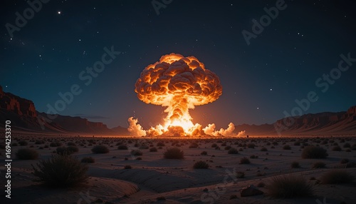Dramatic mushroom cloud illuminates vast desert landscape under starlit sky evoking powerful imagery