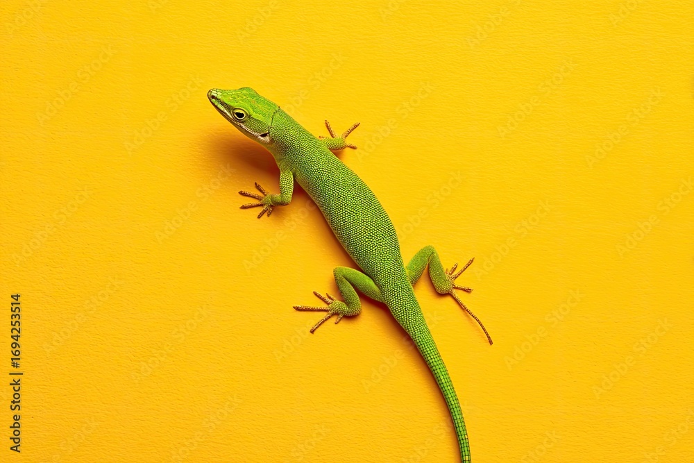 Naklejka premium Vivid green lizard on bright yellow background
