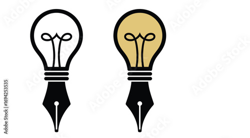 Creative light bulb and fountain pen nib icons symbolizing innovation, writing, ideas, and intellectual creativity
