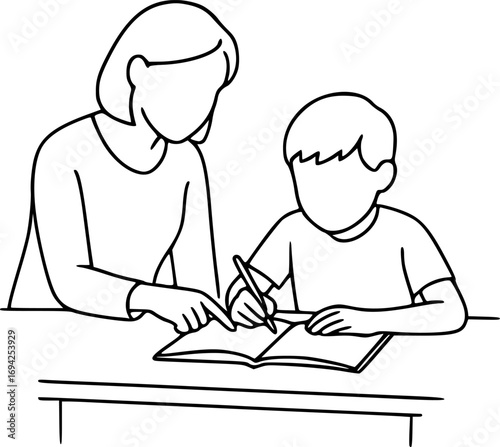 Minimalist black and white line art of teacher helping child with homework, education concept