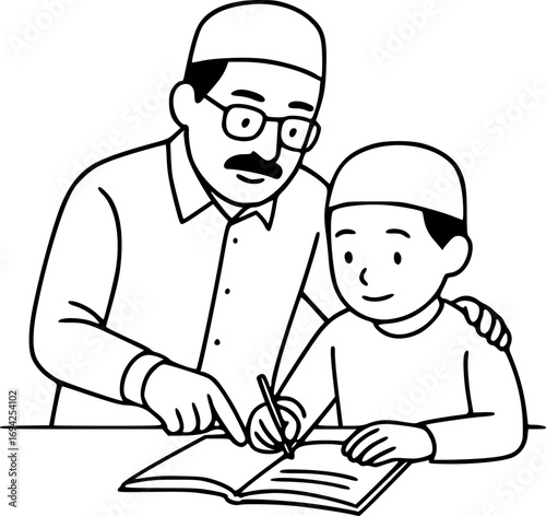 Minimalist black and white line art of teacher helping child with homework, education concept