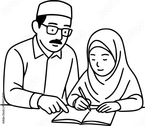 Minimalist black and white line art of teacher helping child with homework, education concept