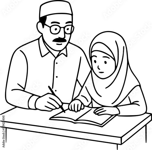 Minimalist black and white line art of teacher helping child with homework, education concept