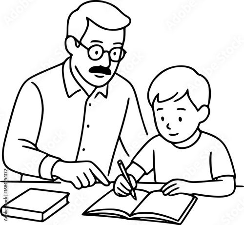 Minimalist black and white line art of teacher helping child with homework, education concept