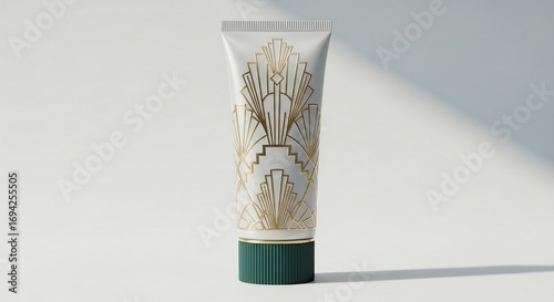 Elegant White Tube with Art Deco Gold Design and Green Cap
