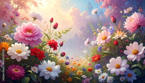 Fototapeta Naklejka Na Ścianę i Meble -  Colorful flower field, sunlit meadow