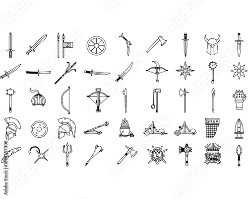 Collection of hand-drawn symbols and icons featuring medieval weapons fantasy creatures and abstract designs