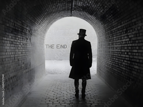 Echoes of a Journey: A silhouette figure, enveloped in an overcoat and a top hat, stands before an exit marked by THE END. The scene, evoking a sense of finality and the mysteries of the unknown.