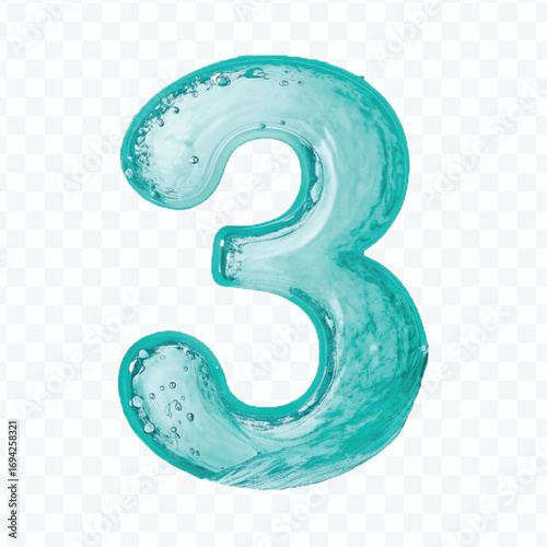 abstract 3d number 3 digit made by water splash in different style isolated on transparent background