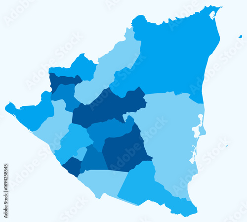 Map of Nicaragua with regions. Just a simple country border map with region division. Light blue color palette. Flat Nicaragua shape with administrative division. Vector illustration.