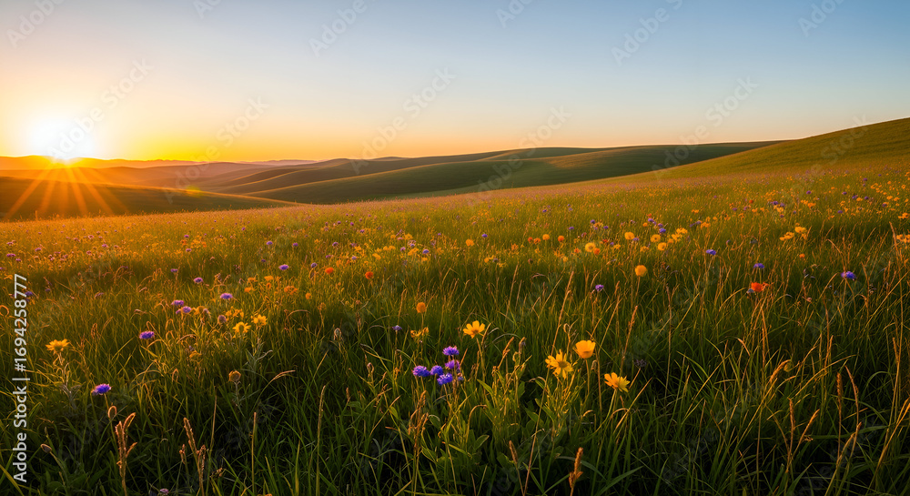 Obraz premium Sunrise Over Rolling Hills A Vista of Wildflowers in Bloom, Capturing the Essence of Summer