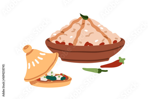 Moroccan food. Couscous dish in traditional tagine pot. North African Berber ...